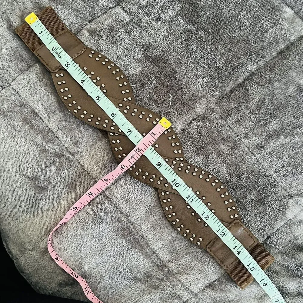 Women's Brown Vegan Faux Leather Studded Wide Braided Elastic Belt M/L 30”-32”